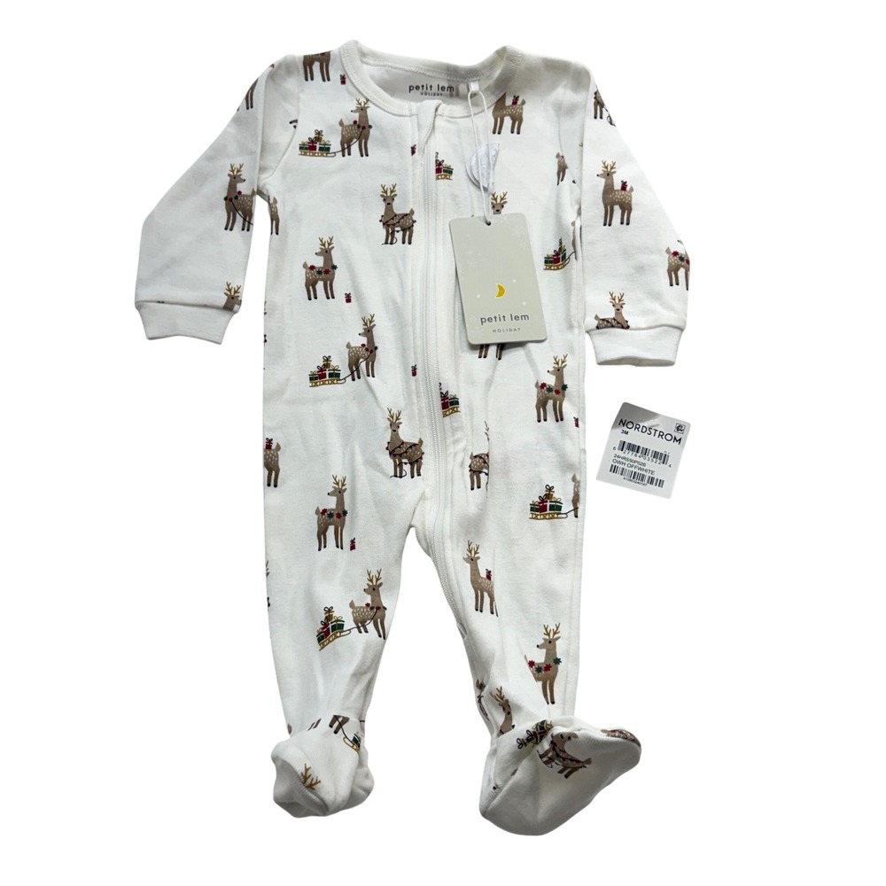 Petit Lem Holiday Reindeer 2-Way Zip Footed Sleeper Unisex 3M Off White - Picture 2 of 12